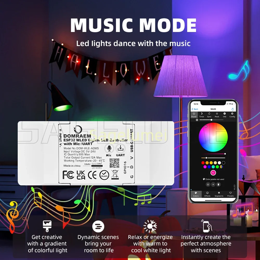 

Mic version with USB-C UART ESP32 Addressable WLED LED Strip Controller 1CH 12A Max Music Sync Drives 800 LEDs WS2811/2812/2813