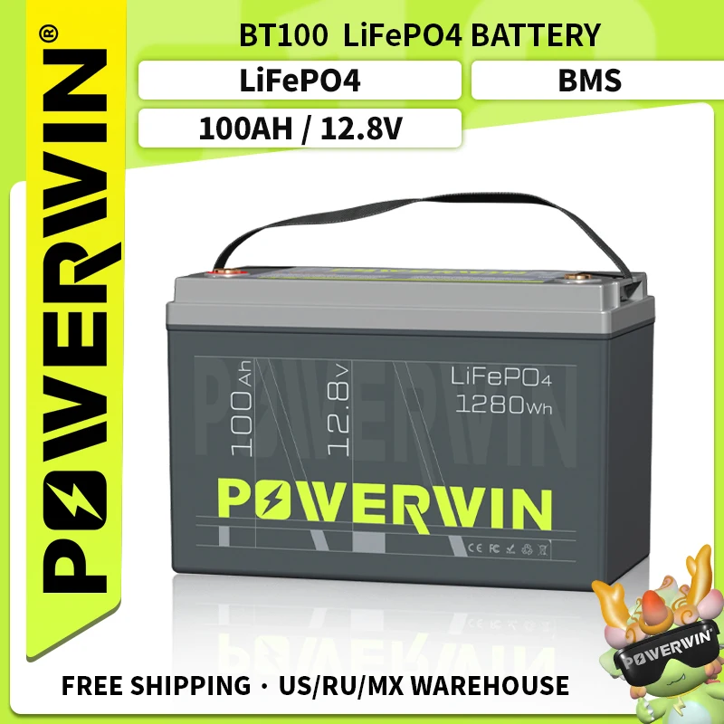 POWERWIN BT100 12.8V 100Ah 1280Wh LiFePO4 Battery 4000+Deep Cycle Rechargeable Built-in BMS Grade A Cell Solar Power Inverter RV