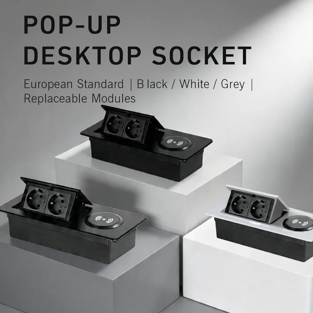 Slow Close Pop Up Desktop Socket 16A High Power Dual EU Plug Aluminum Alloy QI Wireless Fast Charging Embedded Table Socket