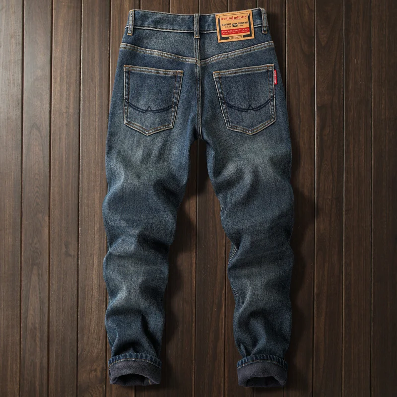 

2026 Winter Plush Thick Warm Retro Jeans for Men, slim fit, small straight leg, high-end trendy and fashionable pants