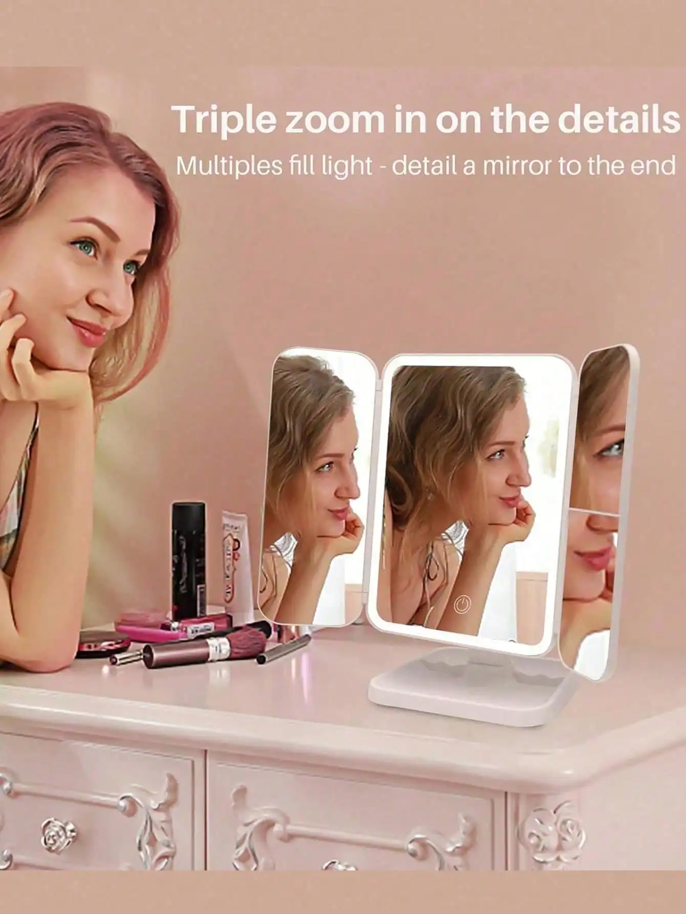 삼중 접이식 LED 메이크업 거울 3배/2배 확대, 70개 LED 조광 가능, USB/배터리, 여행/가족 선물