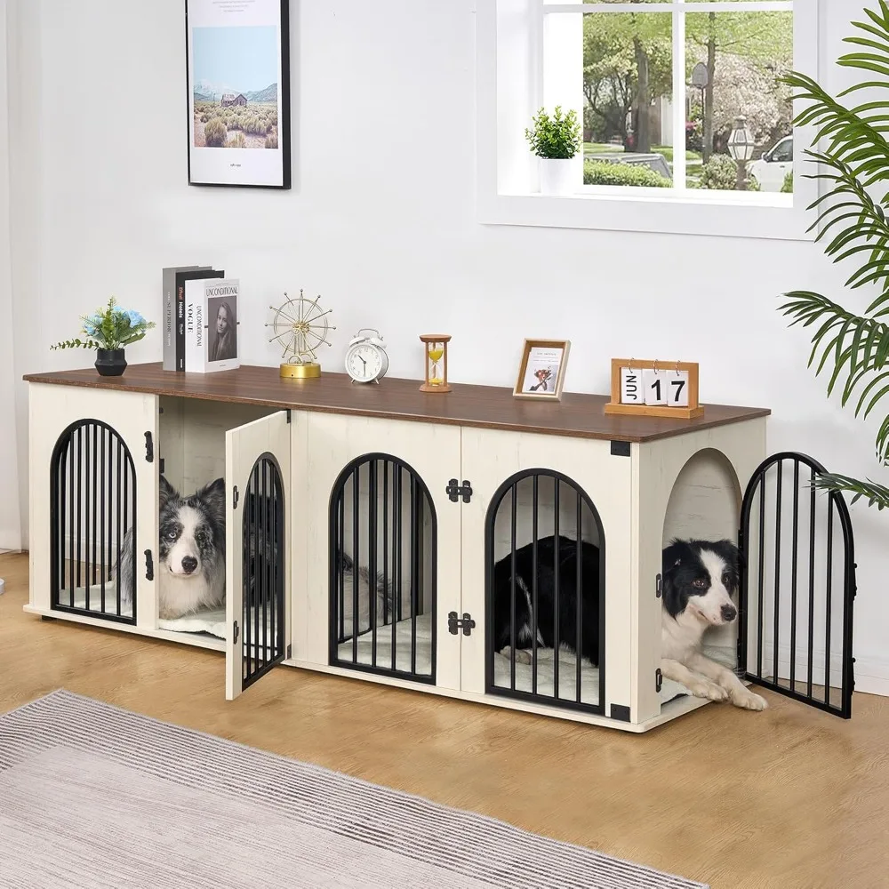 

71" Heavy-Duty Wooden Dog Crate Furniture for 2 Dogs: XXL Indoor Kennel TV Stand with Divider for Medium/Large Dogs