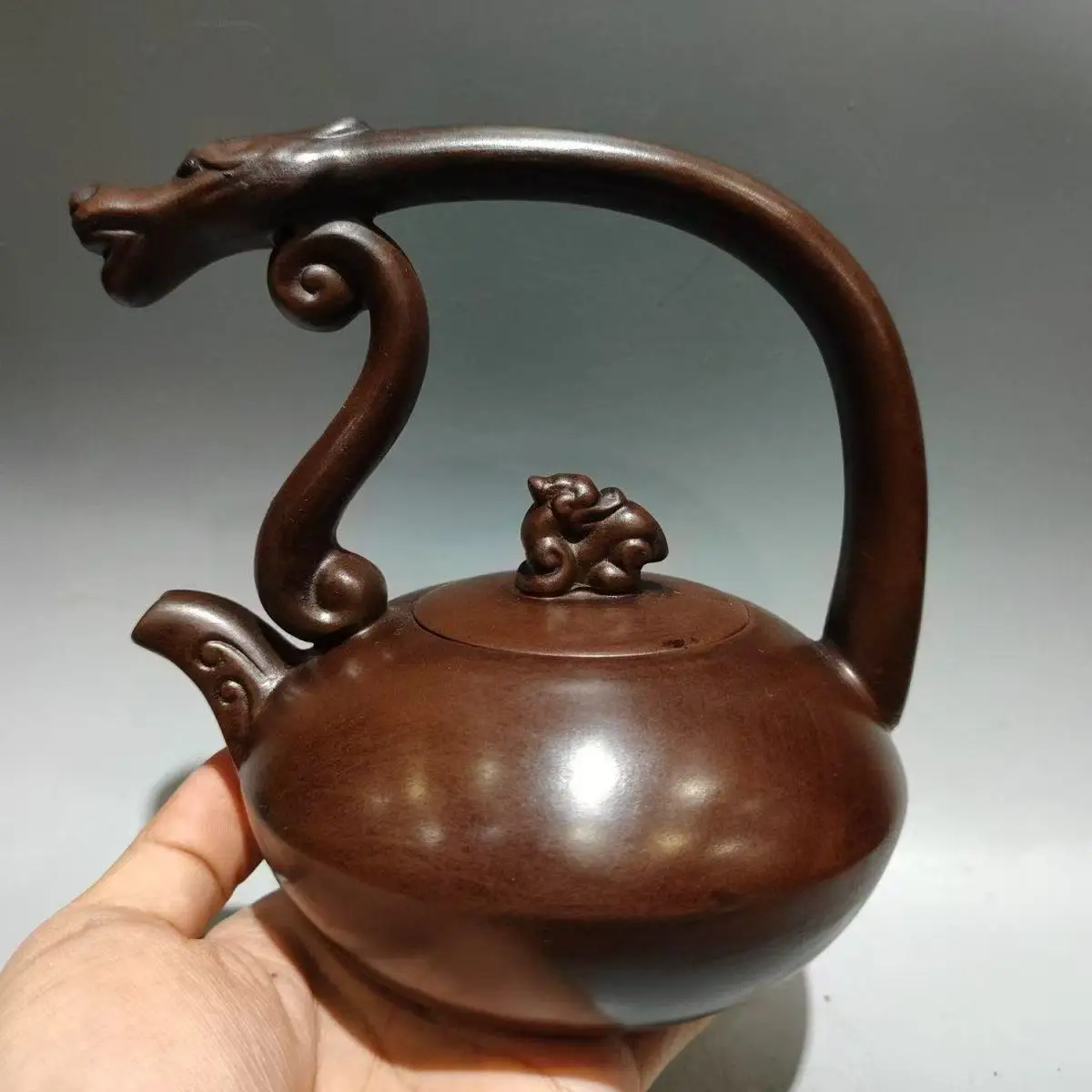 Old Chinese Handicraft Enameled YiXing Zisha (red stoneware) Teapot,Dragon Pot with lifting handle,with mark, Free shipping