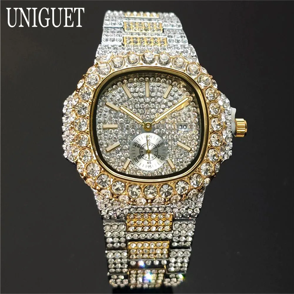 

Luxury UNIGUET Men's Quartz Watch Fashion Square Hip Hop Diamond Waterproof Sparkling Party Jewelry Watches Man Hot Sale Product