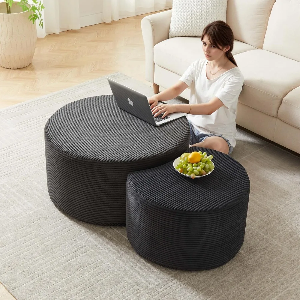 طقم طاولة قهوة منجدة مستديرة حديثة مكونة من قطعتين، طاولات متداخلة إسفنجية معاصرة لغرفة المعيشة وطاولات جانبية لهجة و #3