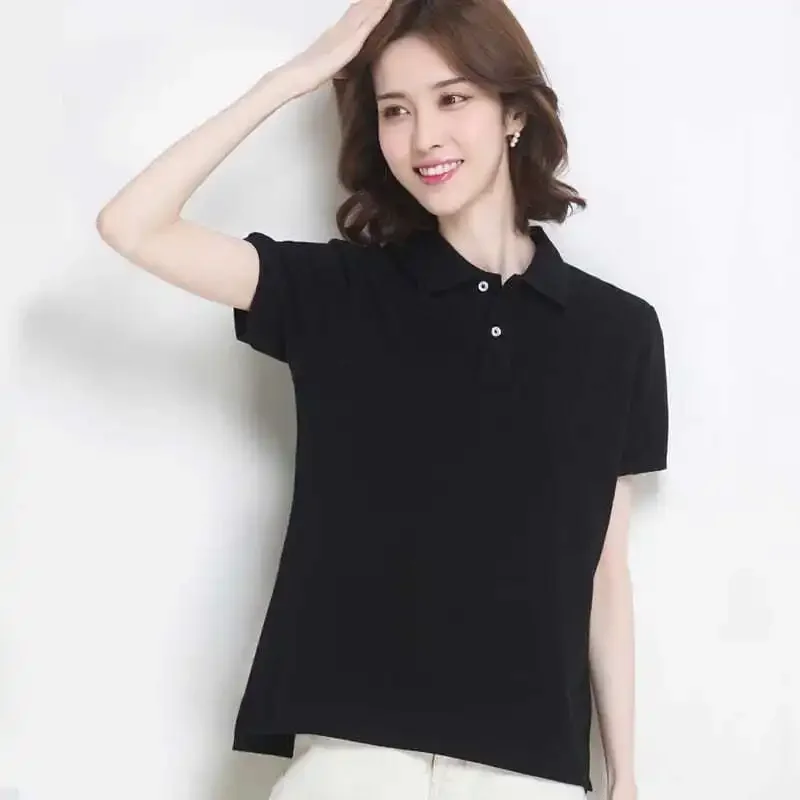 Polo Neck Shirt for Women Plain White Button 100℅ Cotton in Woman T Trend 2024 Clothing Pulovers Fashion Youthful Elegant Pretty