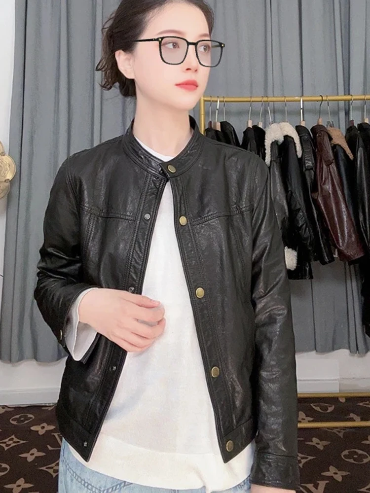 Jaqueta Feminina de Couro Retrô Elegante Simples de Manga Longa Estilo Coreano de Alta Qualidade para Primavera, Nova, Versátil e que Modela a Silhueta