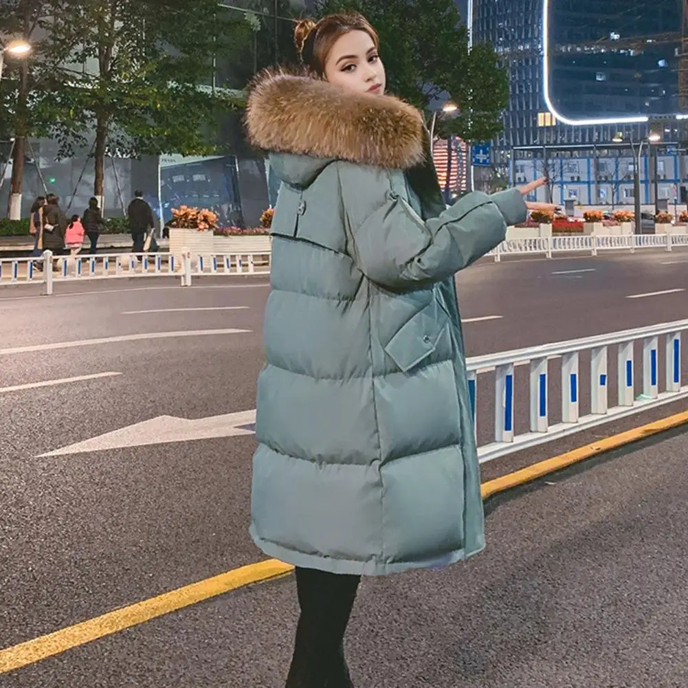 Winter Women Parkas With Furry Hood Solid Color Long Sleeves Pockets Cotton Jacket Heat Retention Knee Length Zip-up Padded Coat