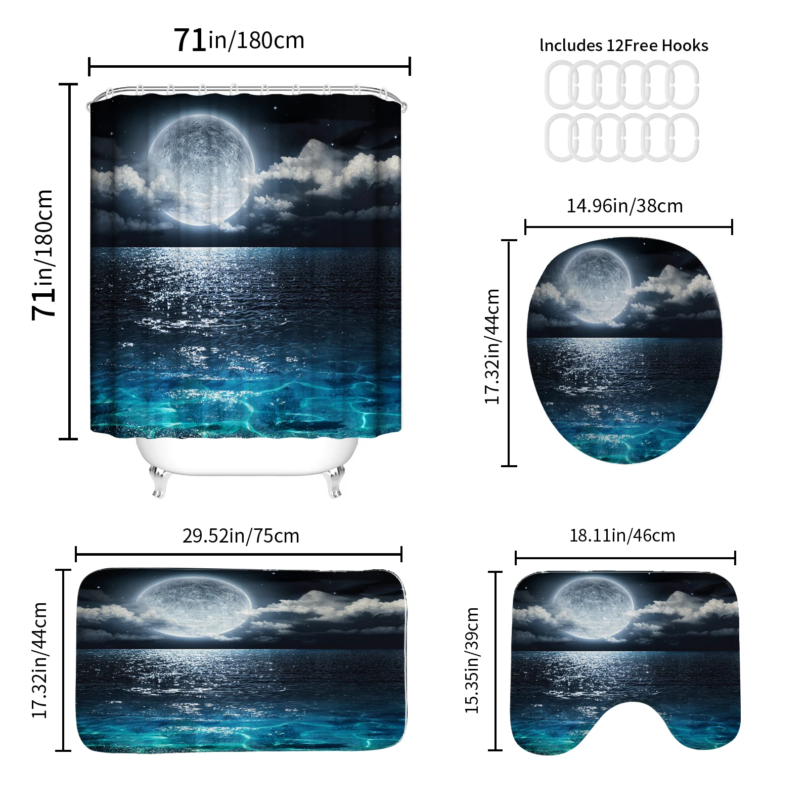 Sea Moon Print Shower Curtain Waterproof Design Shower Curtain Polyester Home Decoration Bathroom Curtain With Hook