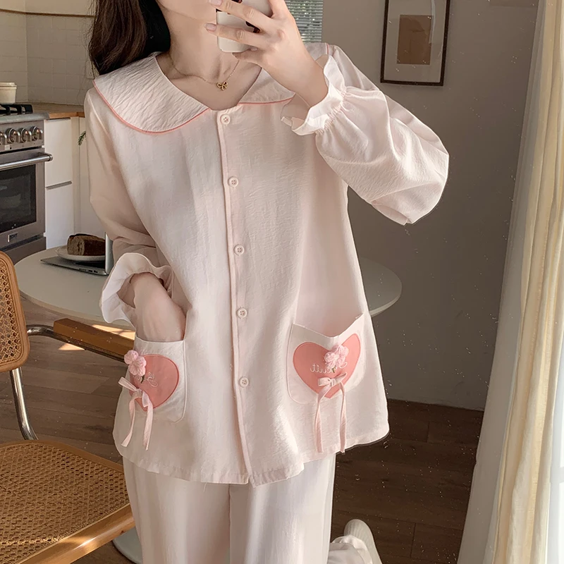 Love Print Cotton Pajamas For Women Single-Breasted Pocket New In Women\'s Sleepwear Lapel Long Sleeve Woman Autumn Home Clothing