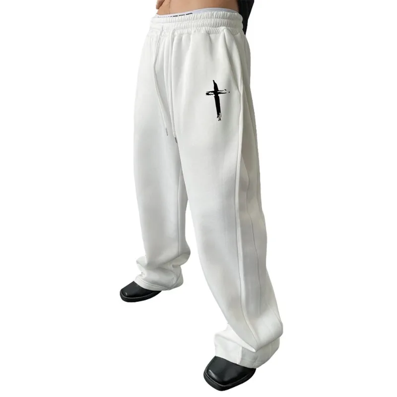 Men's Black Jogging Pants, Simple White Cross Print, Casual Sweatpants Elastic Waist Drawstring Pants Corduroy Fabric Streetwear