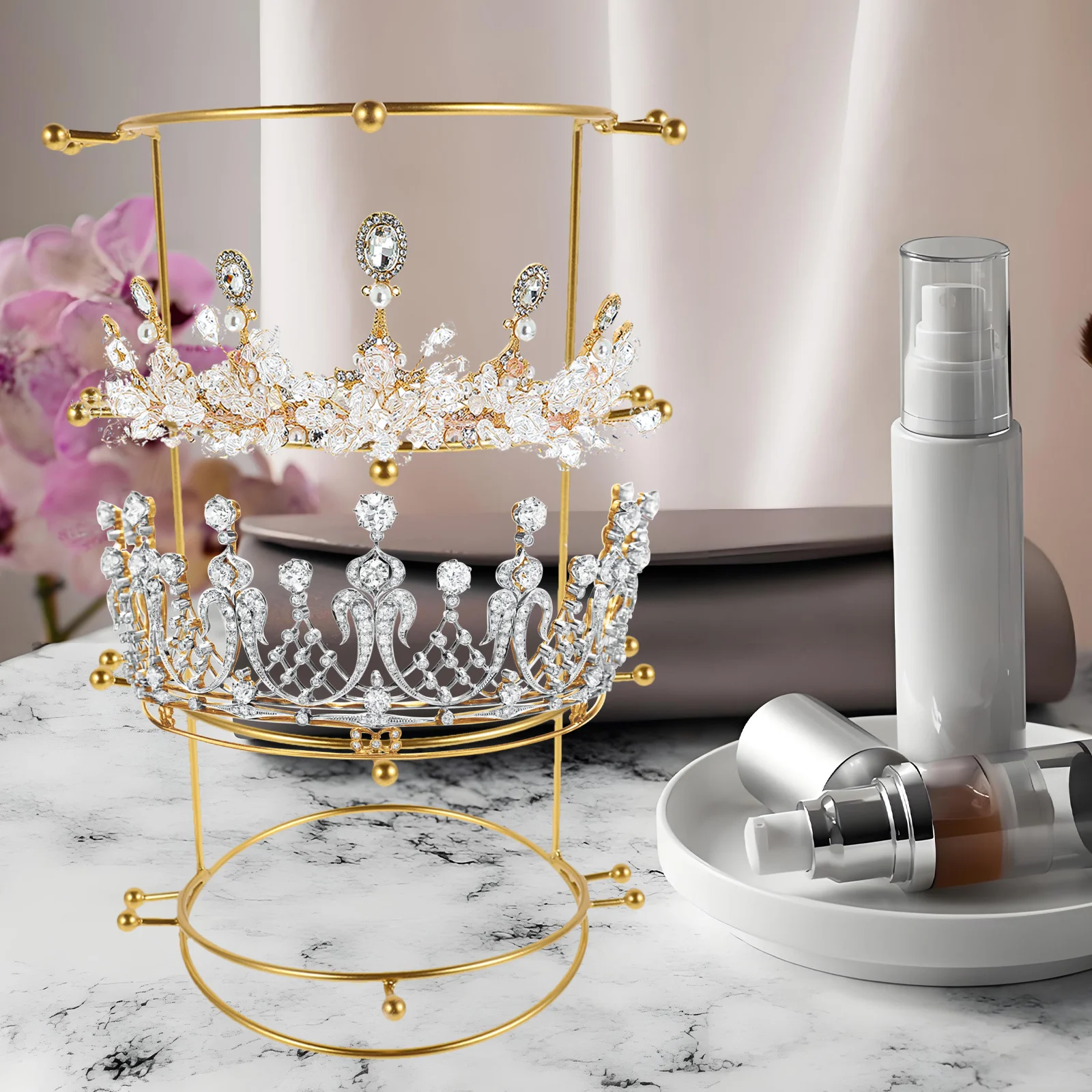 3-Tier المعادن تاج حامل مجوهرات المنظم عقال حامل تاج الزفاف تخزين الرف سطح المكتب هيرباند عرض حالة التاج