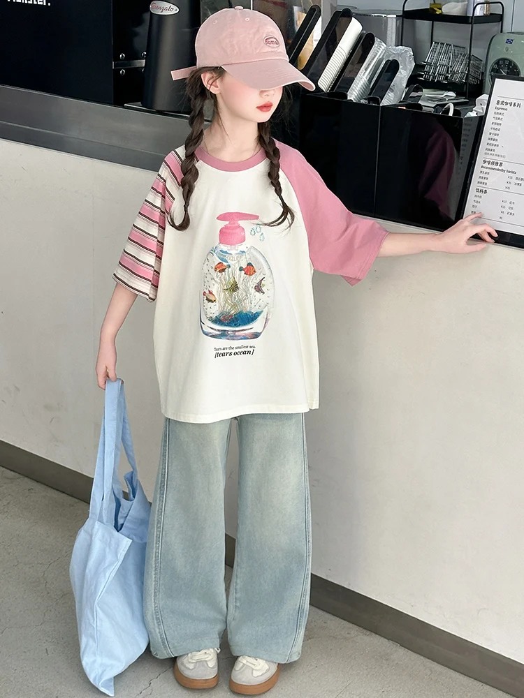 

Girls Summer ort Sve Casual Denim Two-Piece Set Cotton Long Pants Trendy T-irt And Jeans Outfit for Younger Women