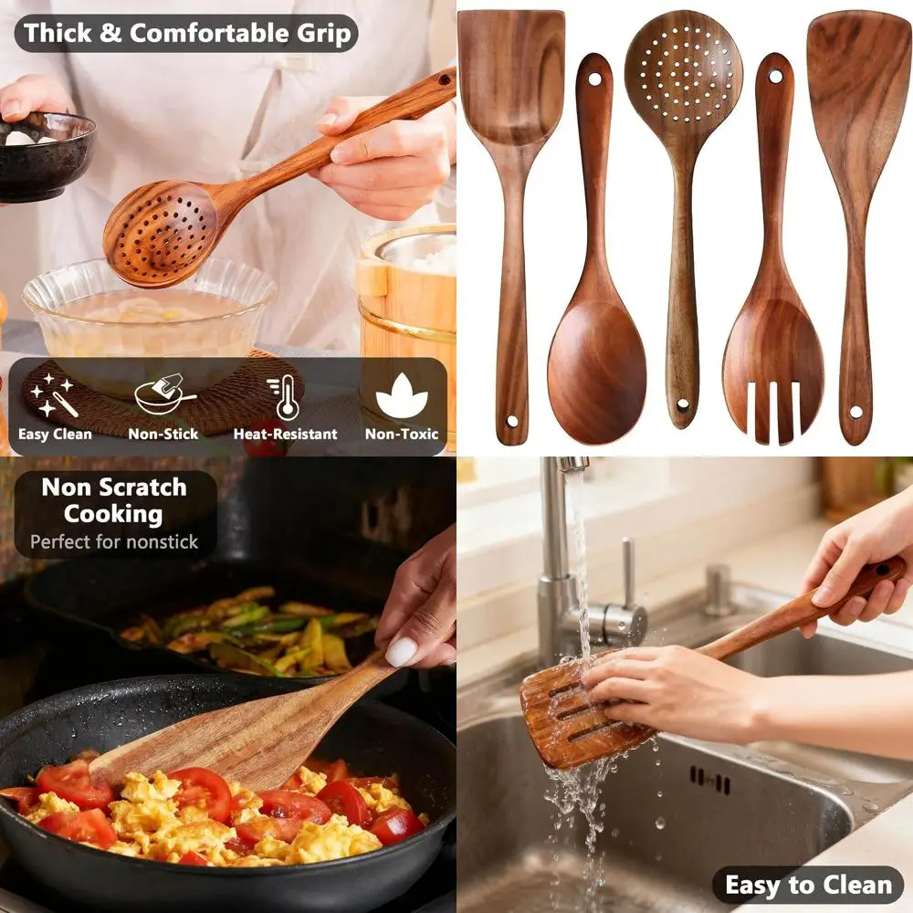 

Набор кухонных принадлежностей из натурального тикового дерева с удобной ручкой и подставкой для ложки