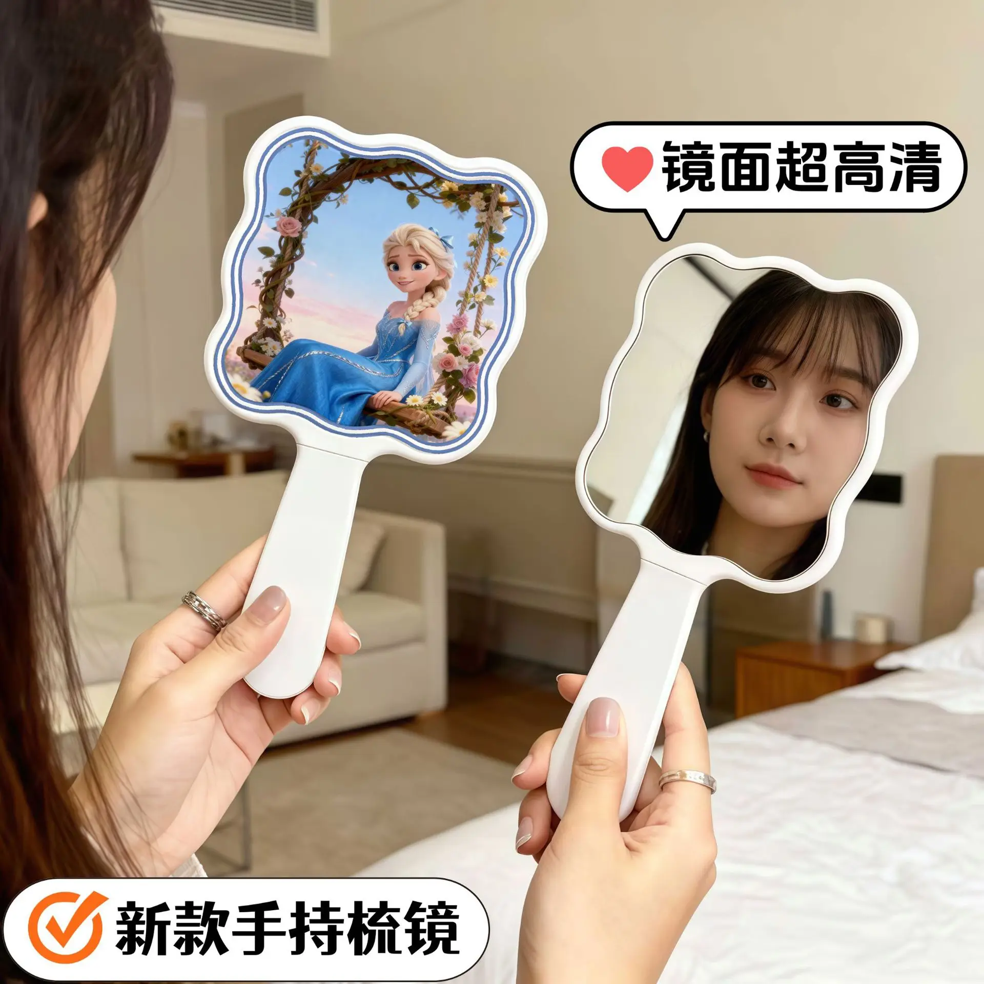 

New Disney Elsa Princess Handle Mirror Kawaii Portable Makeup Mirror Touch-up Mirror Comb Cartoon Anime Elsa Makeup Mirror Gifts