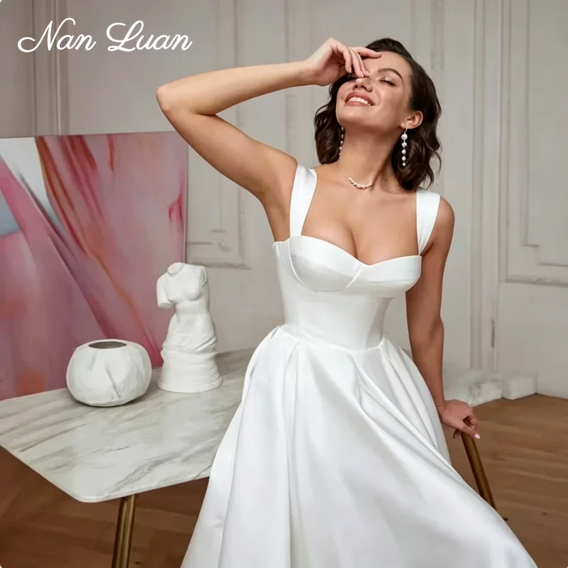 26 Styles Wide Strap Sweetheart Satin Midi Wedding Dress Corset Bodice A Line Lace Up Back Vestidos de Novia Customized
