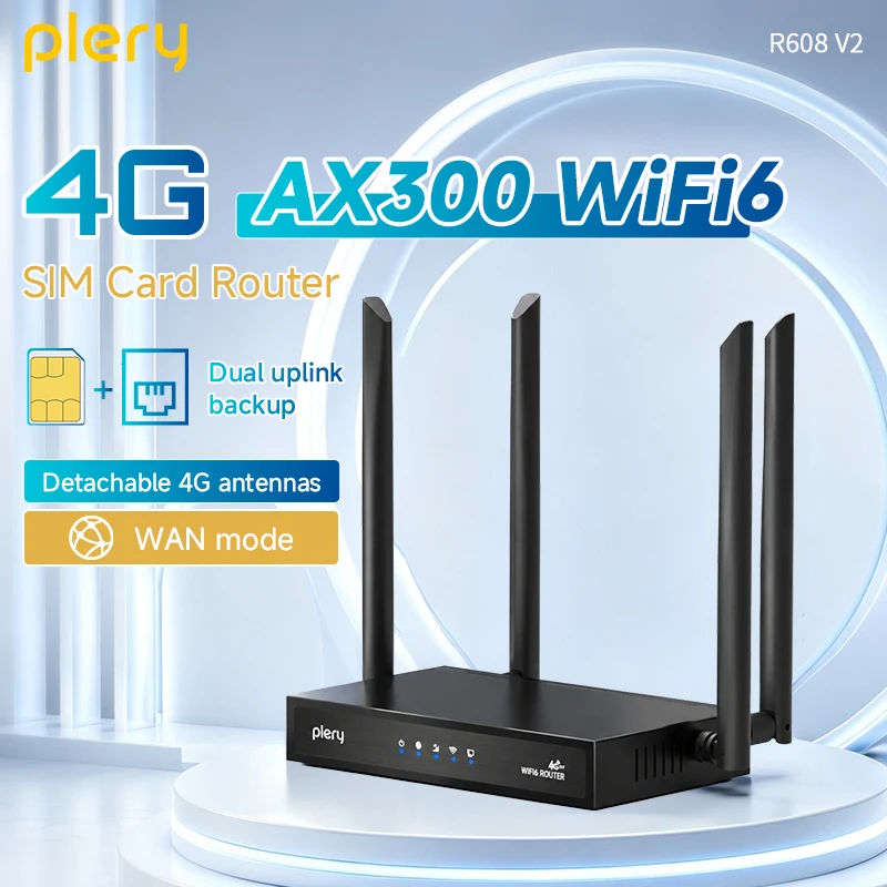 Plery R605 V2 4G LTE CAT4 WiFi6 Router 300Mbps POE DC Modem Portable SIM Card Hotspot Backup Battery WAN Failover EU/UK/AU Plug