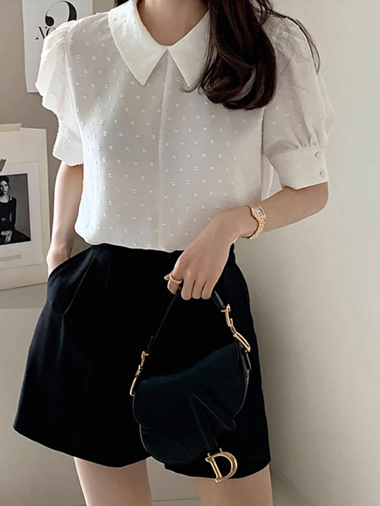 Ele Embroidered Floral Snowflake Blouse Women's Summer New Sle Bubble Sve Doll Collar Top Korean Sle Loose Fit