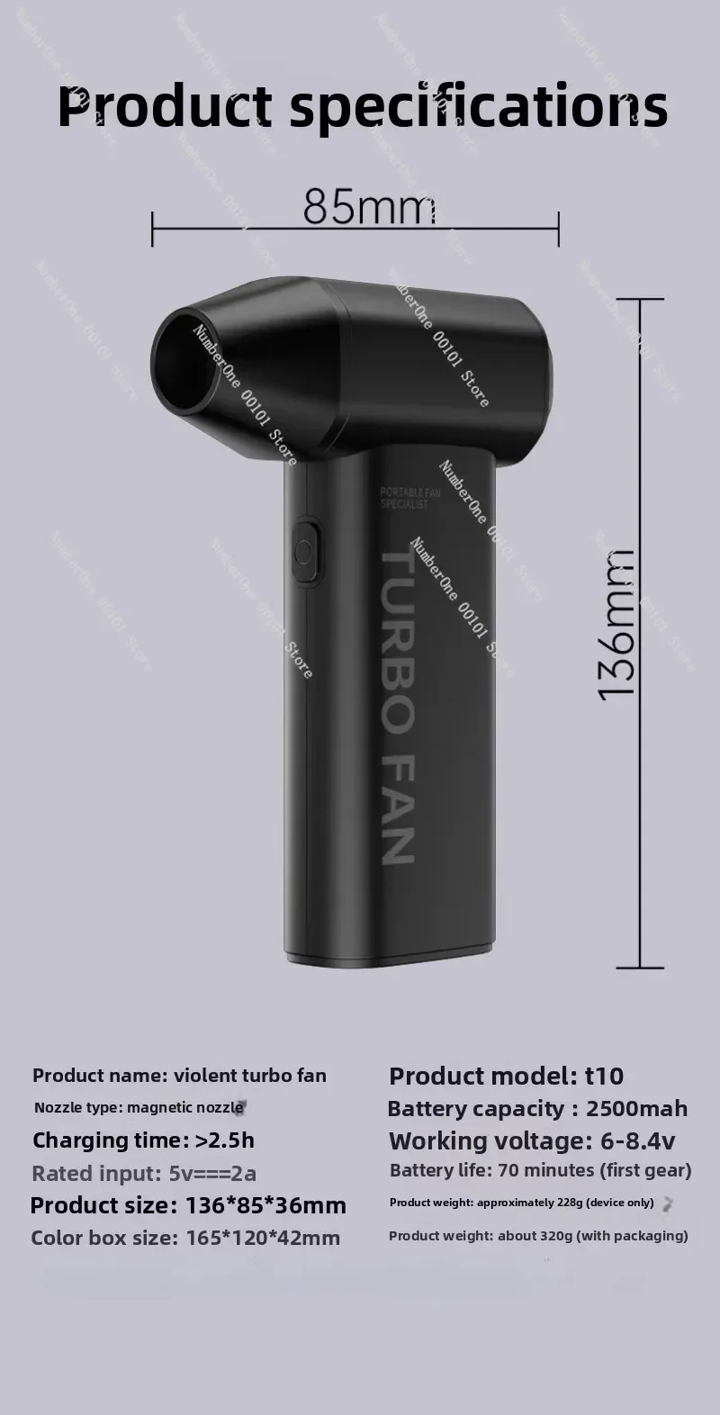 T10 Mini Handheld High-Speed Fan, Violent Turbo Blower for Camping Outdoor Use, Portable Rechargeable - view 4
