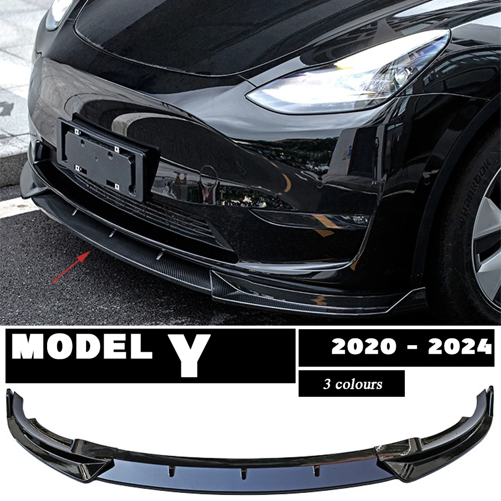 Carbon Fiber Printing Front Bumper Lip Gloss Black Chin Spoiler for Tesla Model Y 2020 - 2024