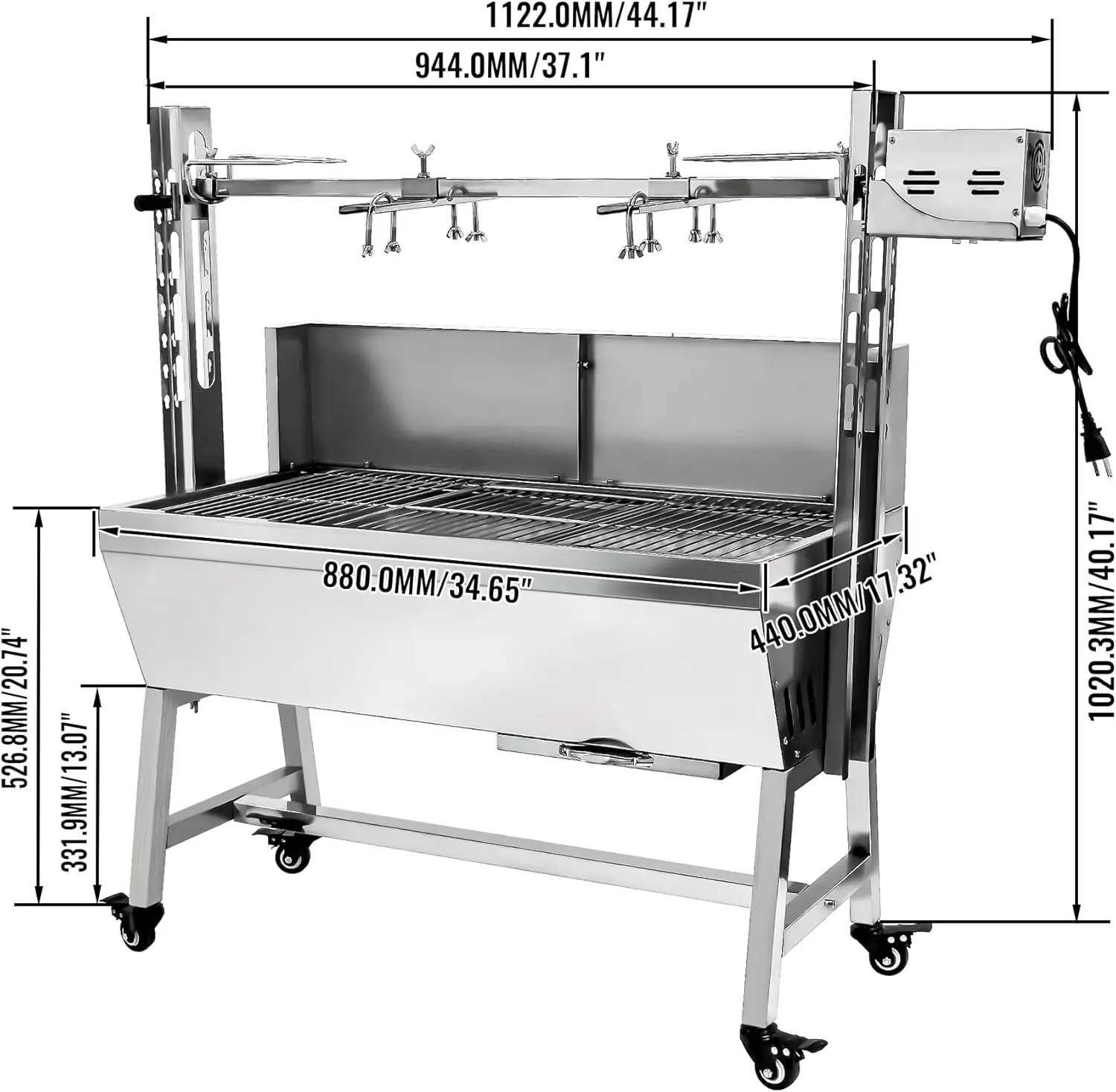 Stainless Steel Rotisserie Grill With Back Cover Guard, 25W Motor Small Pig Lamb Rotisserie Roaster, 37 Inch Bbq Charcoal