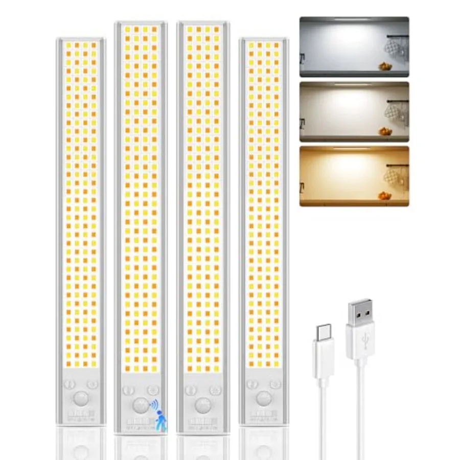 12inch Under Cabinet Lighting, 152LED Motion Sensor Light Indoor, USB Rechargeable Closet Lights, 3 Color Temps, Dimmable, Wire