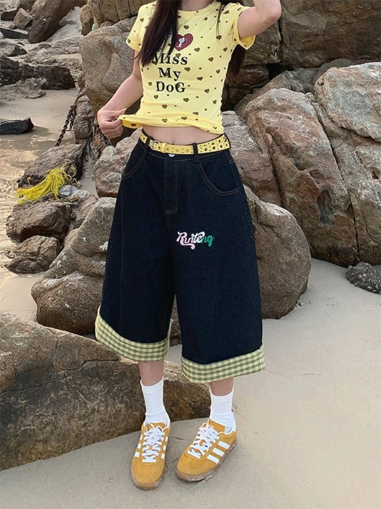 

2000s Street Retro High Waist Jeans Women Vintage Plaid Letter Print Pants Casual Y2K Patchwork Calf-Length Denim Trouser