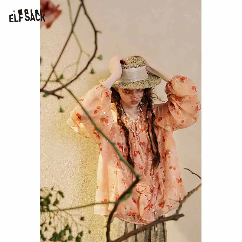ELFSACK Women's Boho Floral Blouse with Ruffle Detail, V-neck Long Sleeve Chiffon Top for Everyday