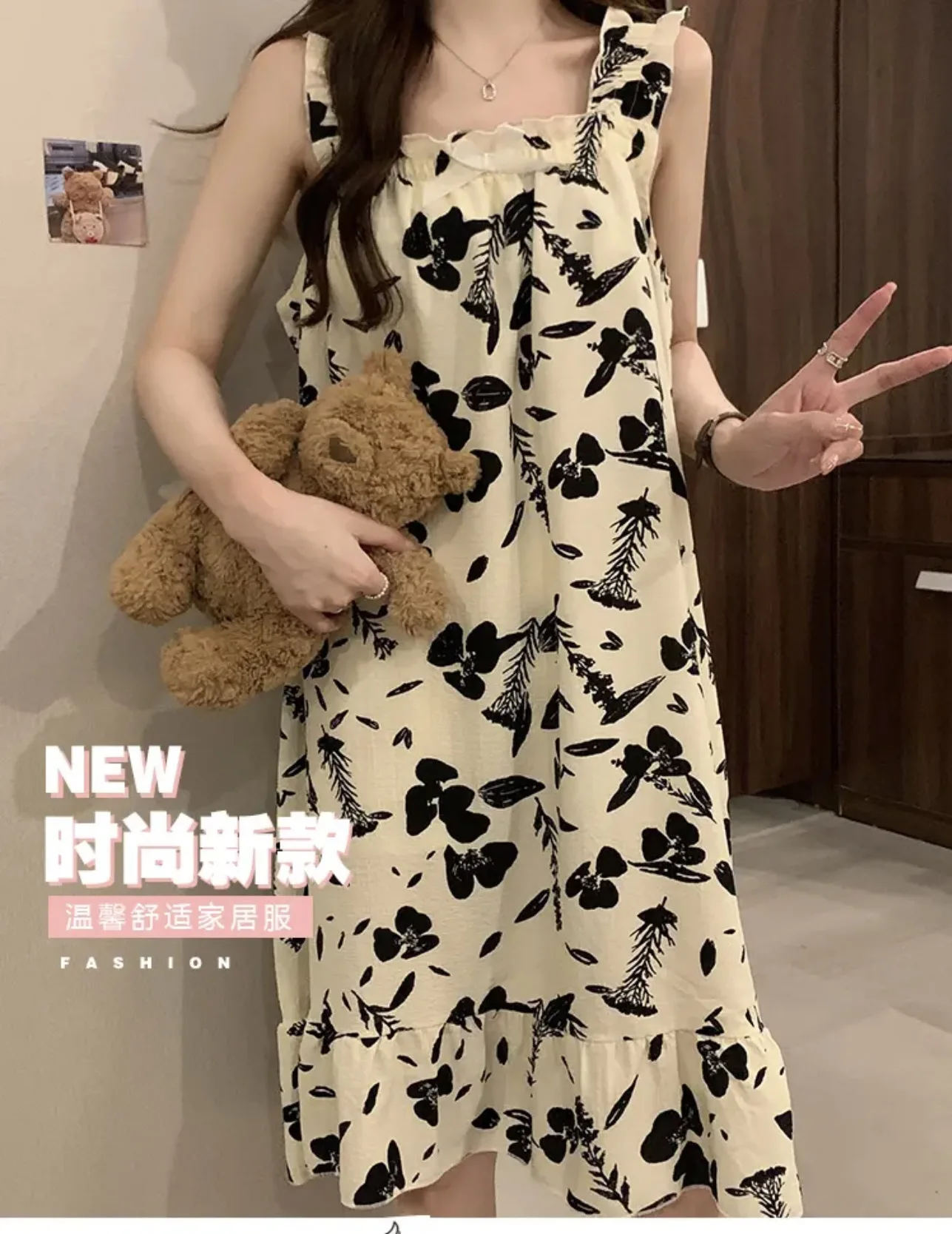 Cute Sexy Spaghetti Strap Nightgown For Women 2024 Summer New With Built In Bra Ladies Home Wear Sleep Dress Can Outwear - view 4