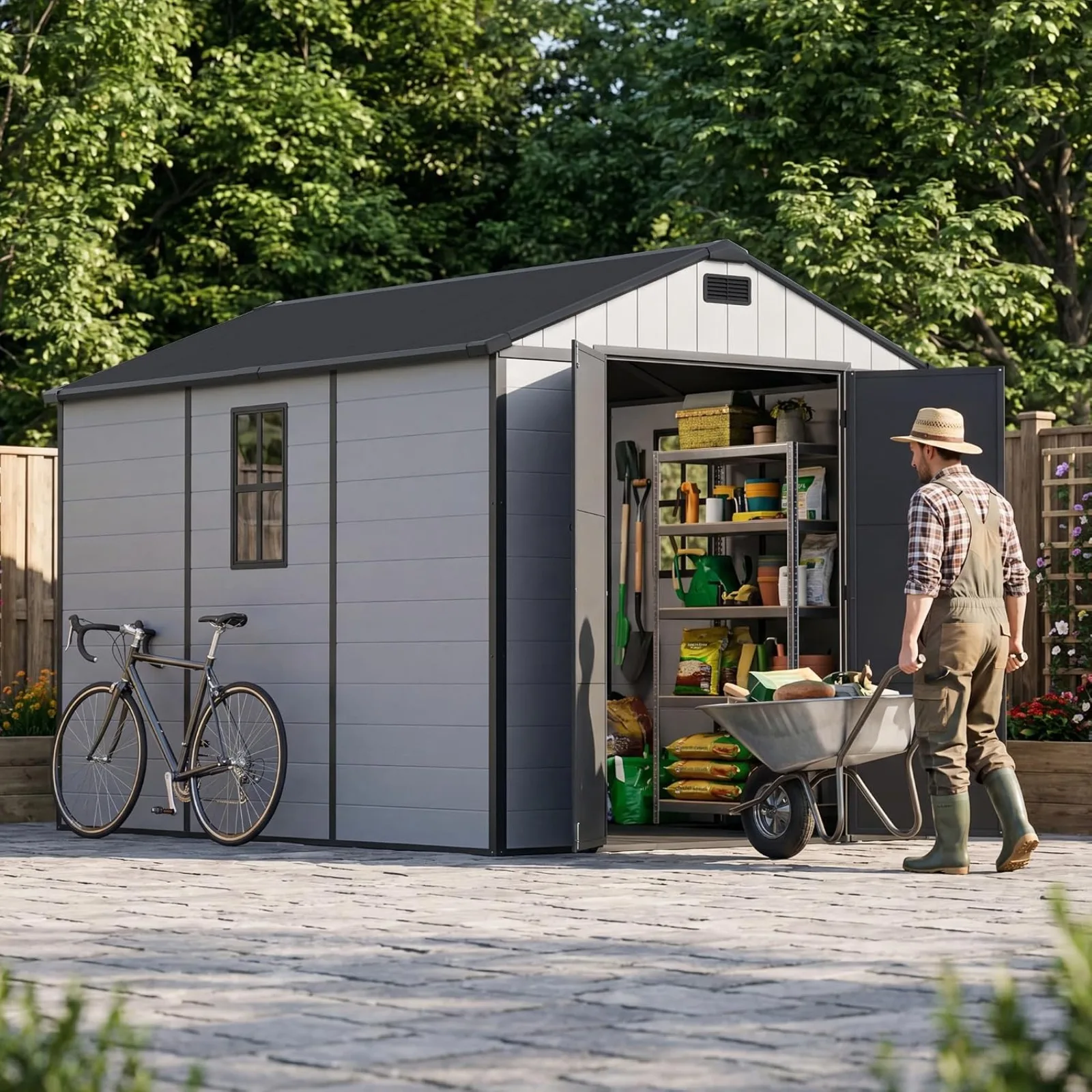 Resin Outdoor Storage Shed with Floor, Light Gray | Large Plastic Clearance Sheds, Lockable Door, Garden Tool Shed With Window, For Backyard, Patio Storage