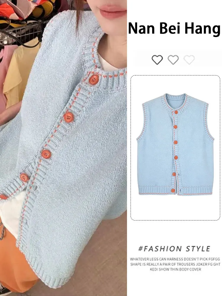Summer 2026 Women's Loose Knitted Sleeveless Vest Casual Style Color Block Stitching Top Warmth Medium round Neck Regular Length
