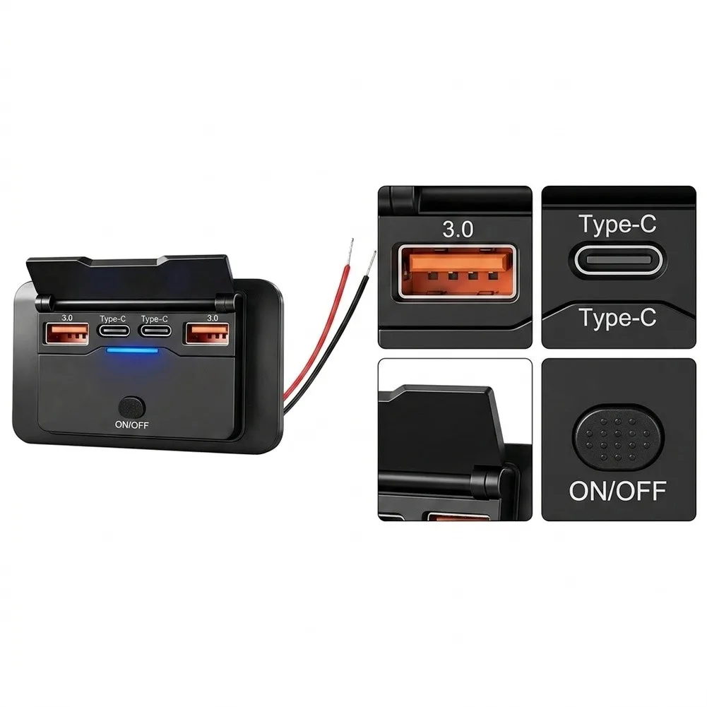 12V 4 Port USB Charger Socket Adapter With Dual QC 3.0 And USB C PD- 36W LED Voltage Display For RV Boat Truck Car Marine
