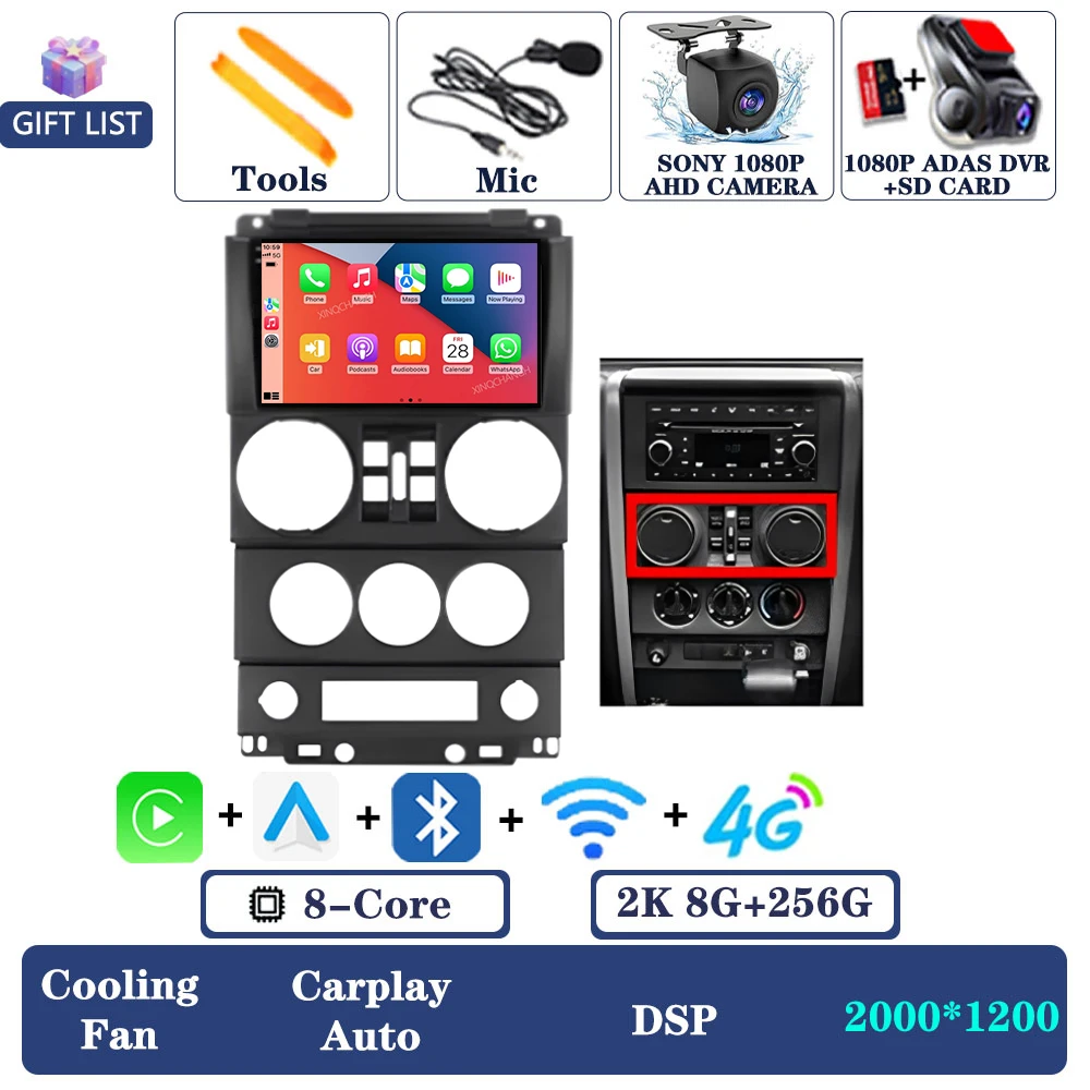 Android 16 autoradio voor Jeep Wrangler 3 JK 2008 - 2010 QLED multimediasysteem videospeler 2DIN Qualcomm 4G LTE 5G WIFI BT GPS