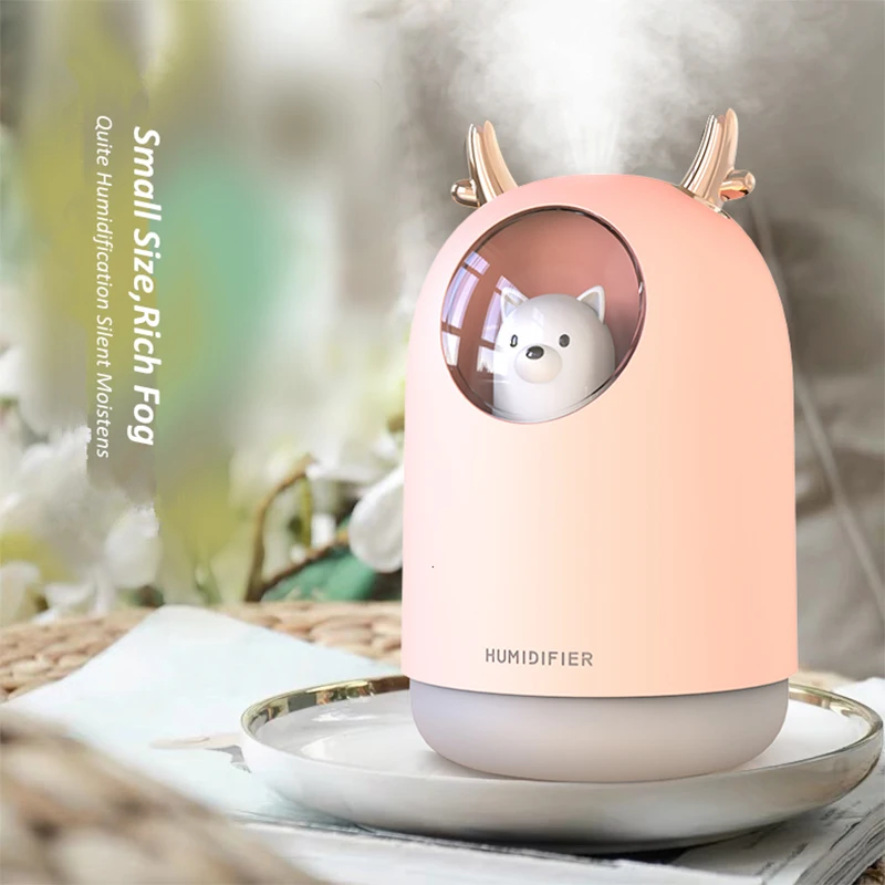 USB Humidifier 300Ml Cute Pet Ultrasonic Cool Mist Aroma Air Oil Diffuser Romantic Color LED Lamp Humidificador