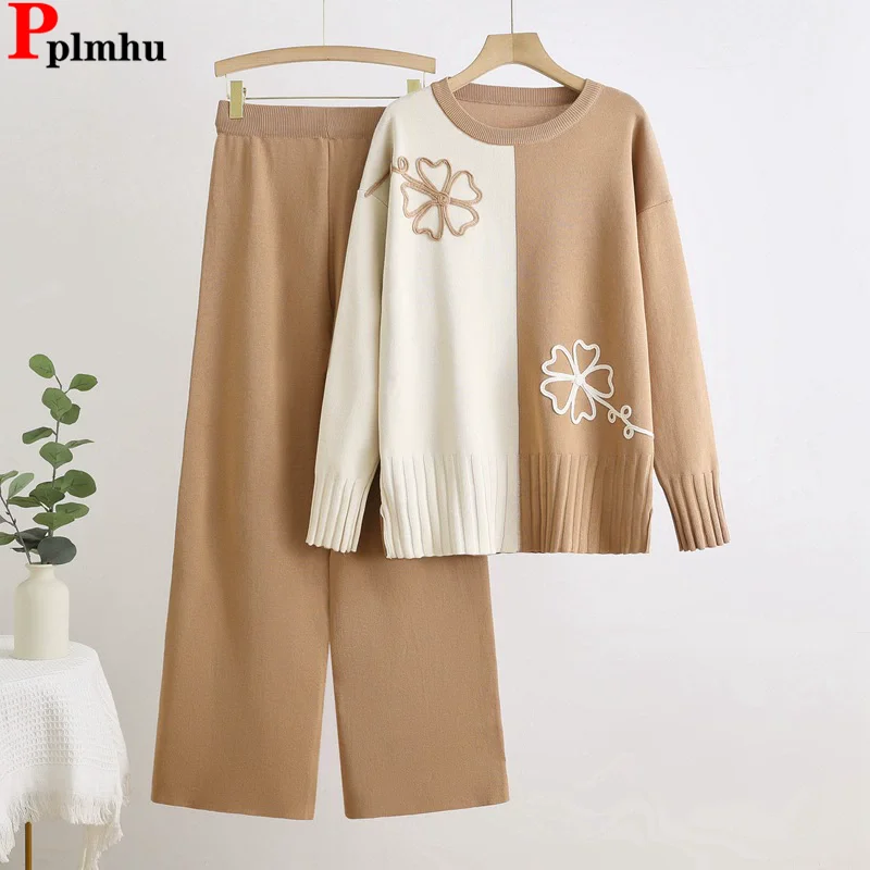 

Корейский дизайн с принтом, комплект из 2 предметов, женский свитер с круглым вырезом и длинными рукавами, пуловеры, топы, шикарные широкие брюки с высокой талией, наряд