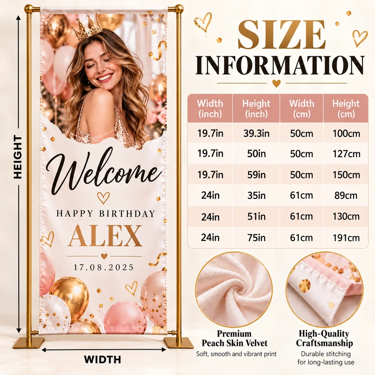 Personalized Wedding Welcome Backdrop Custom Printed Peach Skin Fabric Banner with Name Date Photo for Bridal Shower Party Decor