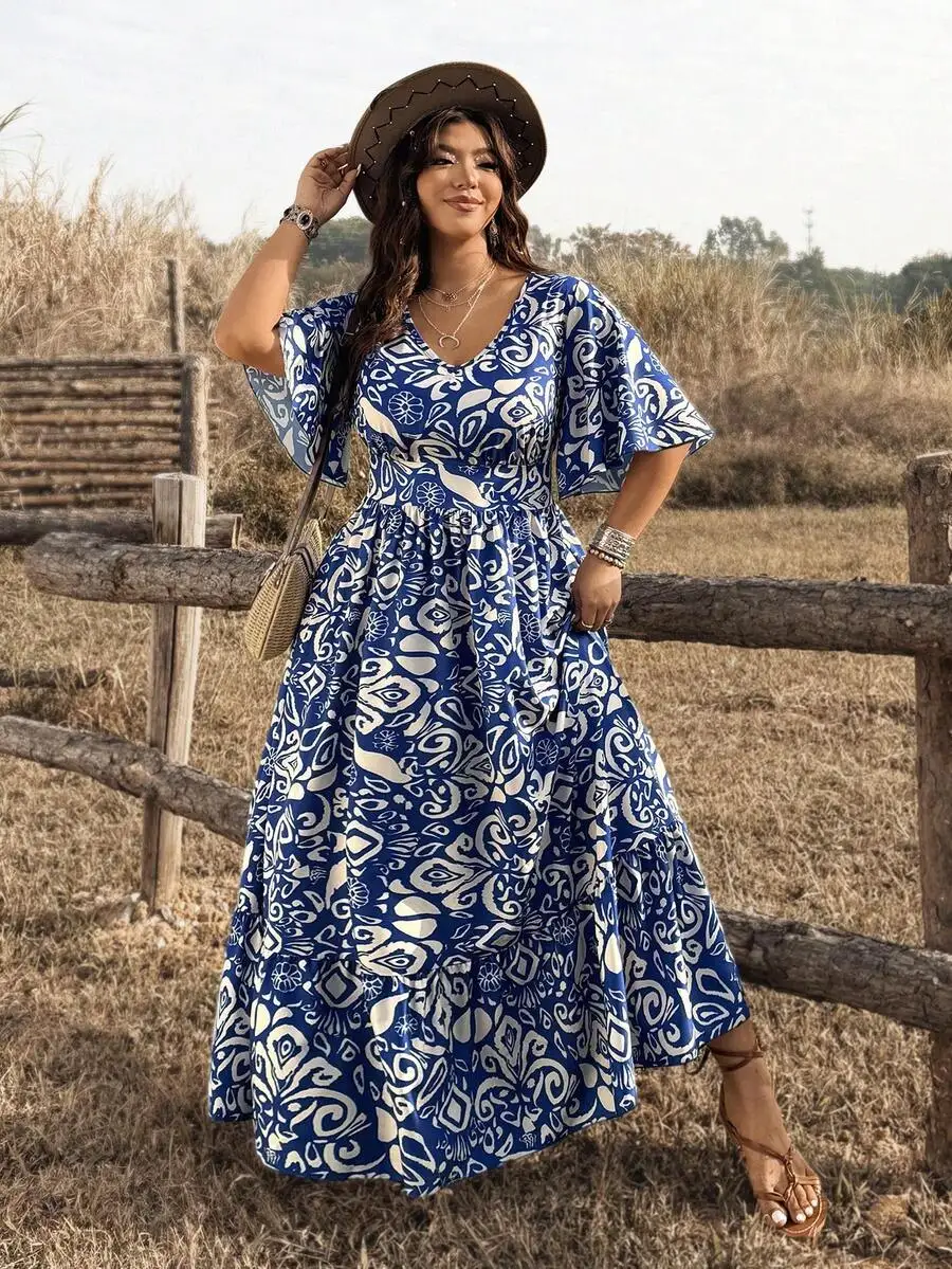 

Women Boho Blue Print Maxi Dress V Neck Shirred Waist Half Puff Sleeves Flounce Hem