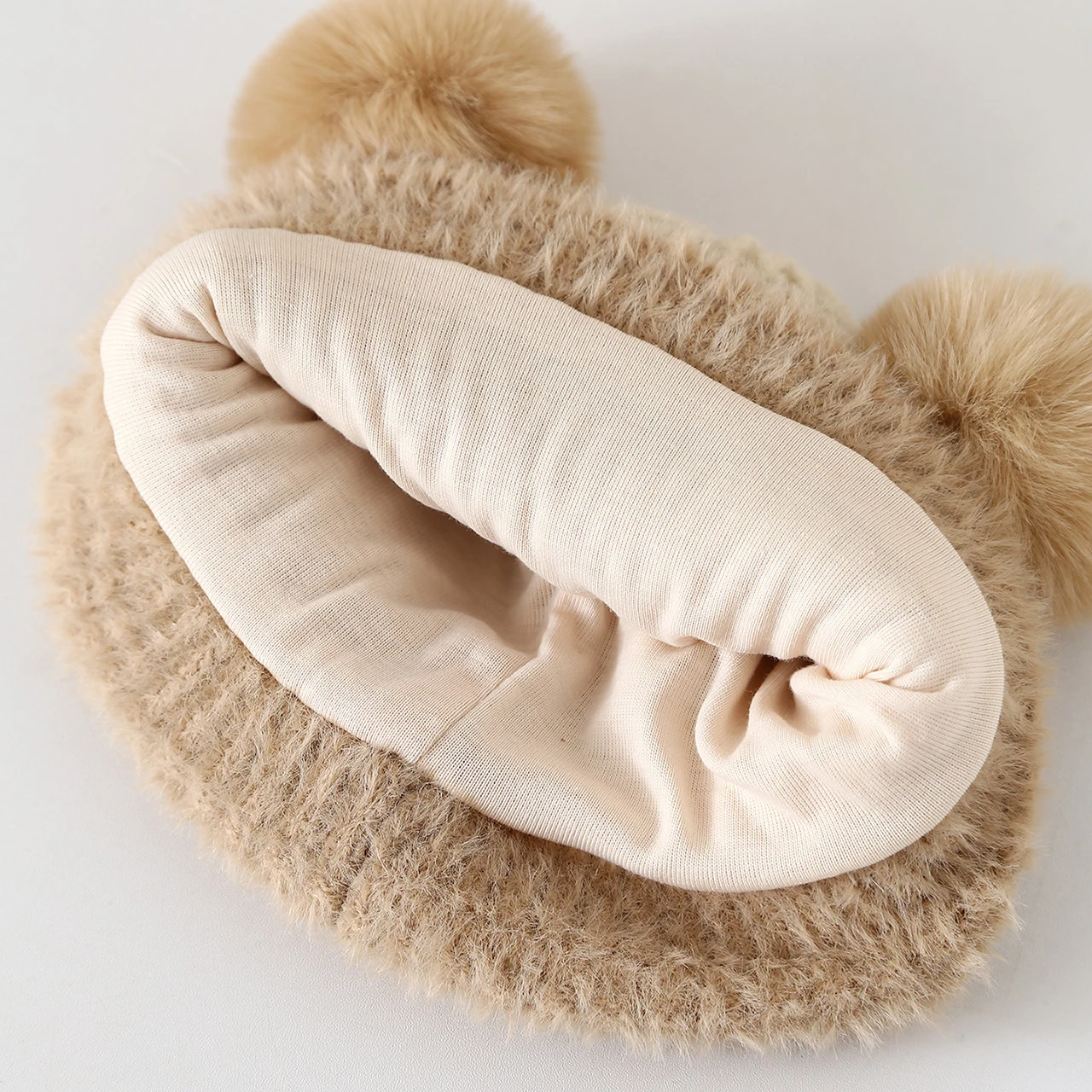 Cute Bear Plush Ear Protection Cap Baby Cartoon Double Pompom Beanie 3-6Year Children Woolen Bonnet Winter Warm Kids Knitted Hat view 5