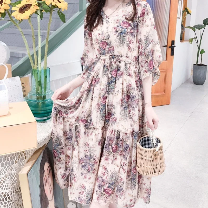 French Style Sashes Floral Printing Half Sleeve V-neck Loose Casual Elegant Dress Women Thin Style Temperament ChiffonSkirts