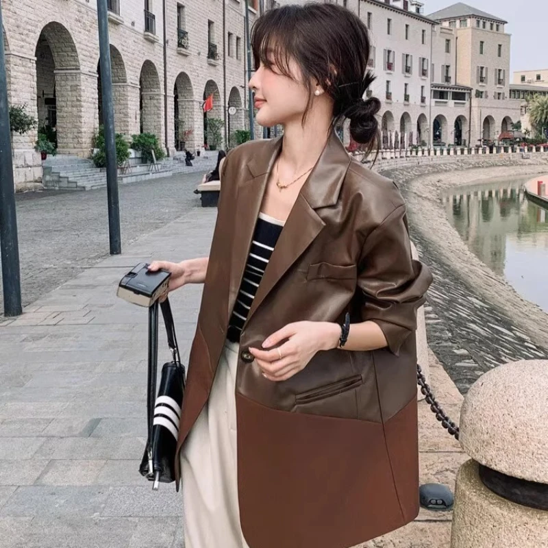 

Повседневный пиджак из искусственной кожи цвета хаки для женщин, свободная куртка с лацканами и длинными рукавами, модная весна-осень