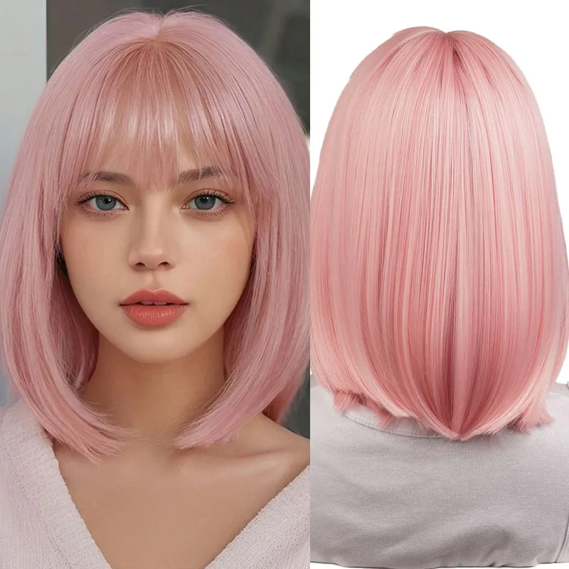 Pink wig for women with bangs, short straight hair, synthetic fiber