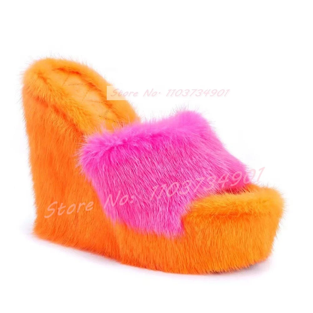 Pink Fluffy Platform Wedges Mules Lady Elegant Furry Round Toe High Heel Shoes Female Fashion Sexy Party Open Toe Solid Slippers