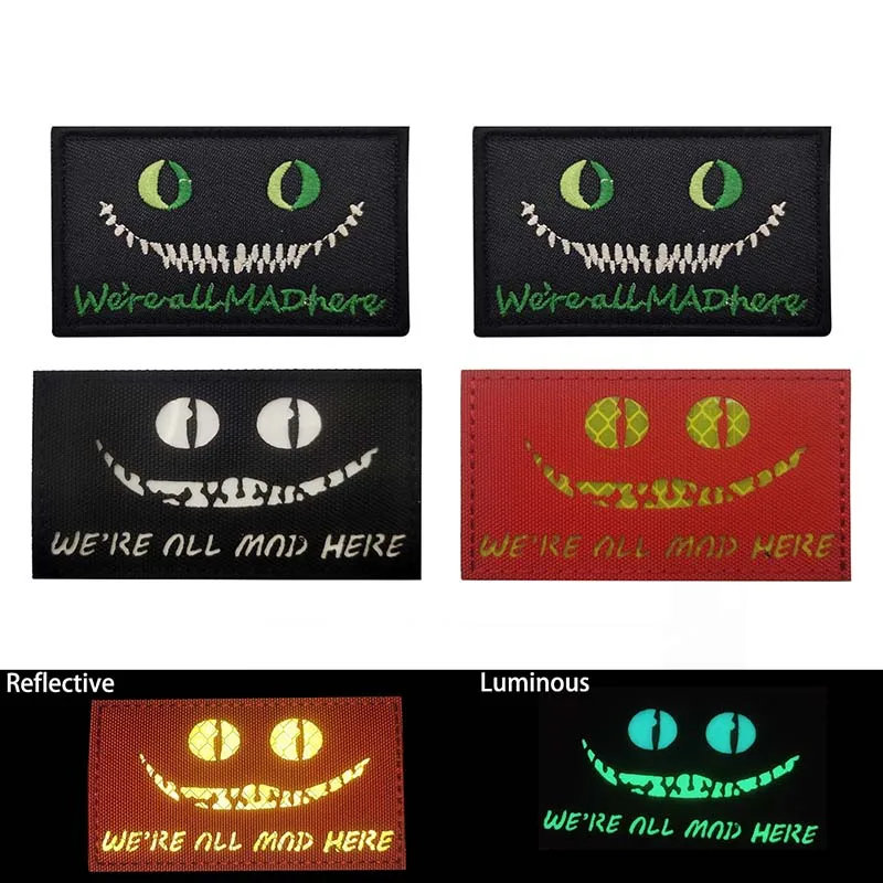 WE'RE ALL MAD HERE Morale Emblem,Cheshire Cat's Eye Glow On the Dark Reflective Patches,Tactical Badges Embroidery Applique