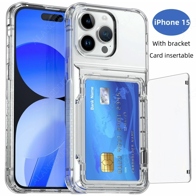 Transparent TPU Case For iPhone 16 15 Pro Max 15Pro Card sleeve Back Cover Phone Case Anti scratch Protective shell With bracket