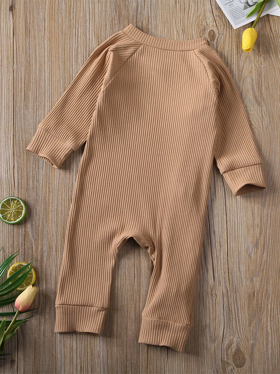 

Baby Girls Boys Autumn Ribbed Romper Long Sleeve Crewneck Solid Color Zipper Jumpsuit