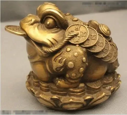 

5" Chinese Folk Feng Shui Wealth Brass Golden Toad Spittor Coin Yuan Bao Statue