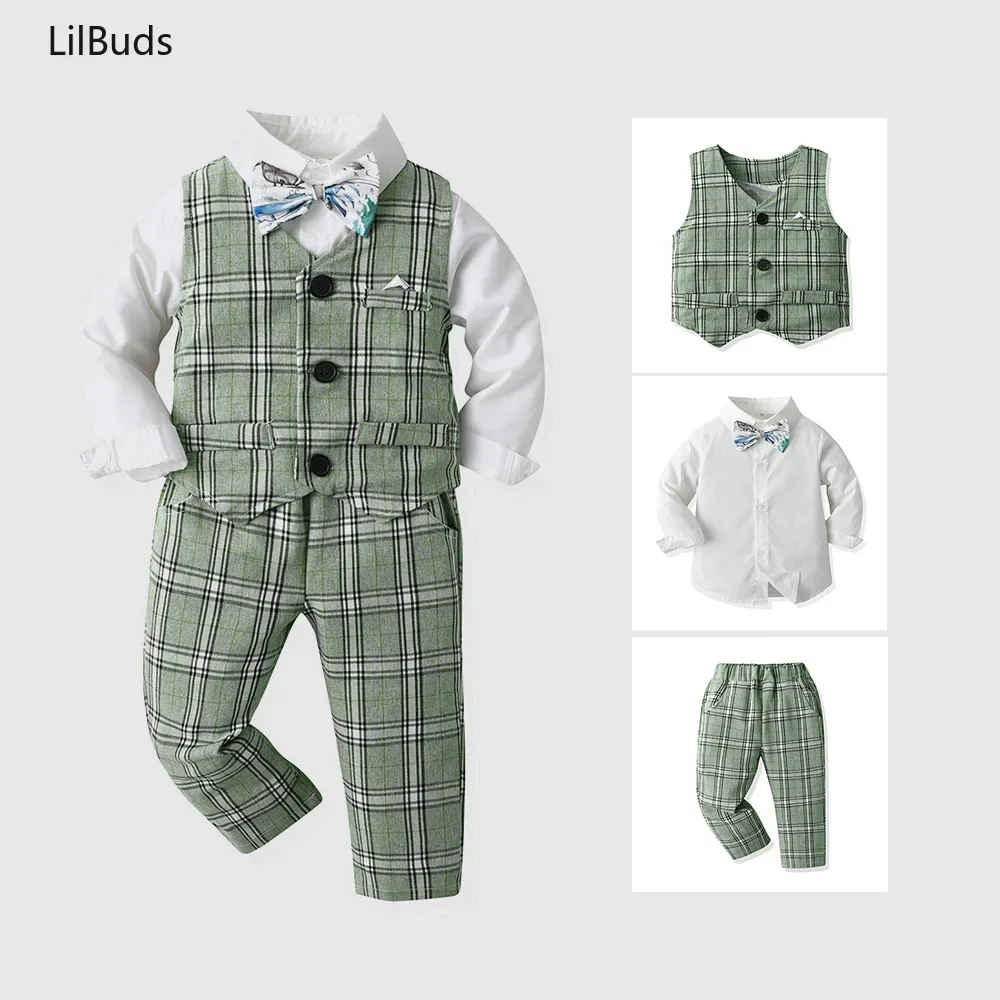 

2025 Spring Boys 3PCS Suits Children's Clothing Newborns Baby Sets Long Sleeve Shirt Vest Pant Set Suit Gentleman Birthday Party