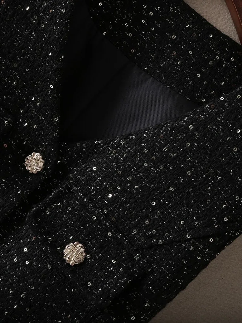 جديد ريترو صغير العطر تويد سترة فستان المرأة أنيقة الترتر الخصر النحيف الخامس الرقبة بلا أكمام الراقية فساتين الحفلات Vestdios #3