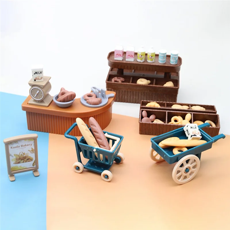 Cute Mini Bakery Decoration Simulation Shop DollHouse Milk Bread Trolley Children Play House Toys Decoration