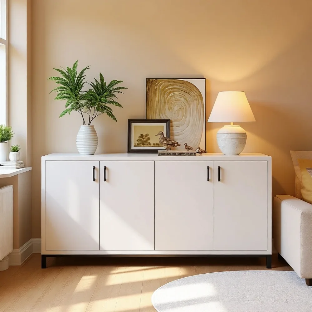Aparador de Madera Natural de 4 Puertas y 160 cm de Ancho, Mueble de Almacenamiento para Zapatos, para Sala de Estar o Dormitorio